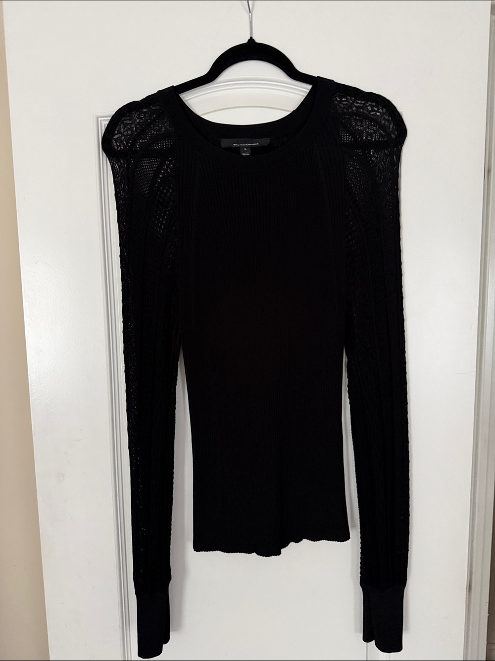 White House Black Market Black Long-Sleeve Knit Top with Lace Shoulders